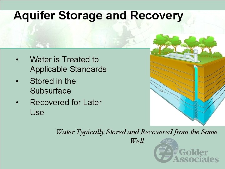 Aquifer Storage and Recovery • • • Water is Treated to Applicable Standards Stored Aquifer Storage and Recovery • • • Water is Treated to Applicable Standards Stored