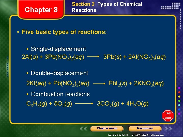 Chapter 8 Section 2 Types of Chemical Reactions • Five basic types of reactions: Chapter 8 Section 2 Types of Chemical Reactions • Five basic types of reactions: