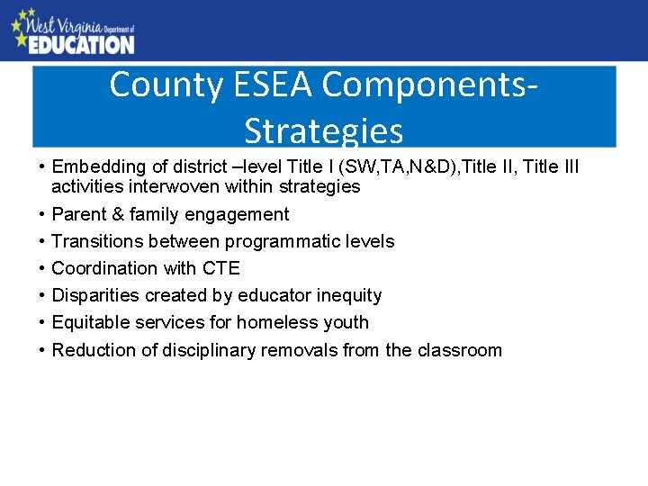 County ESEA Components. County Needs Assessment Strategies • Embedding of district –level Title I