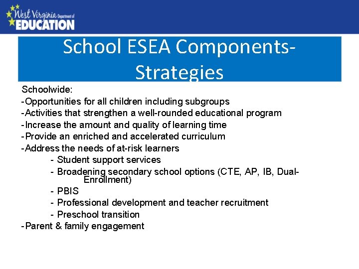 School ESEA Components. County Needs Assessment Strategies Schoolwide: -Opportunities for all children including subgroups