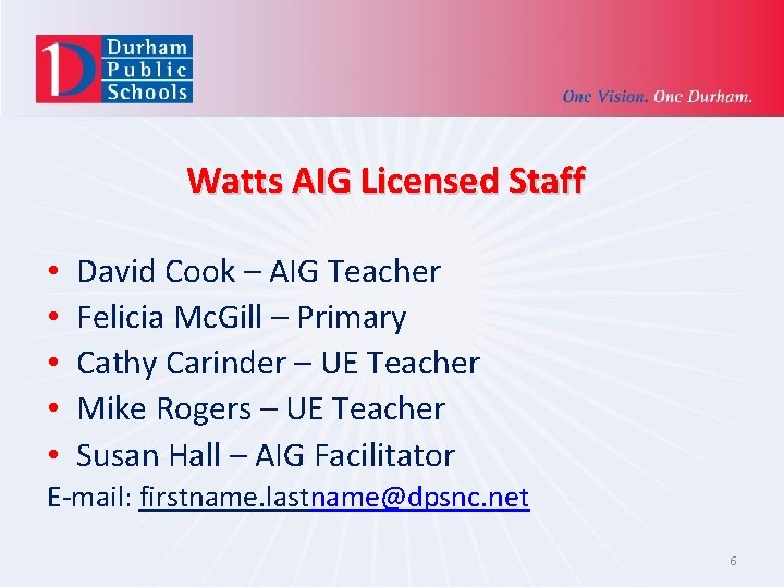 Watts AIG Licensed Staff • • • David Cook – AIG Teacher Felicia Mc.
