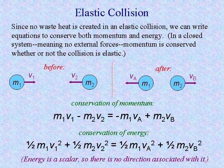 Elastic Collision Since no waste heat is created in an elastic collision, we can