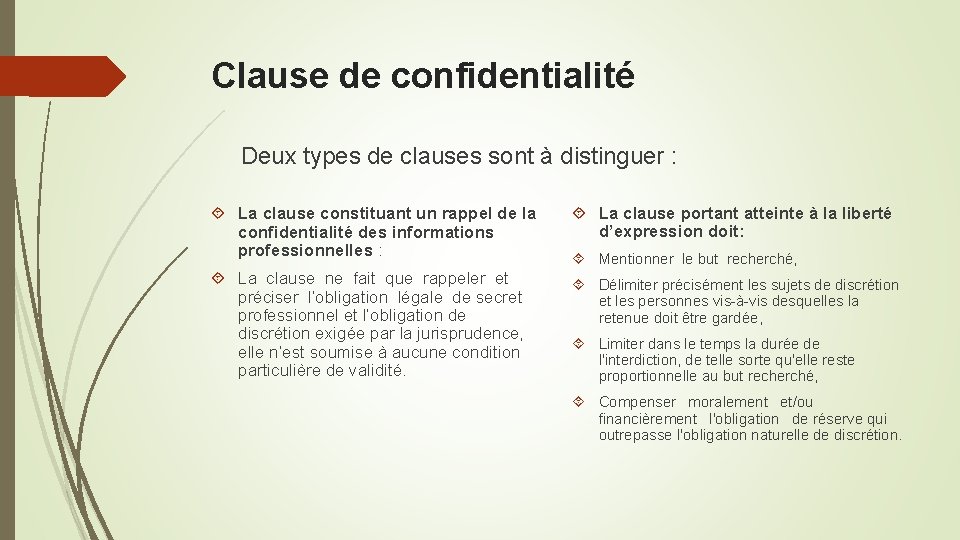Clause de confidentialité Deux types de clauses sont à distinguer : La clause constituant