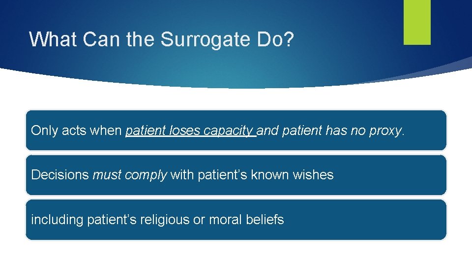 What Can the Surrogate Do? Only acts when patient loses capacity and patient has