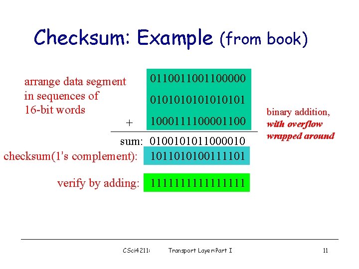 Checksum: Example arrange data segment in sequences of 16 -bit words (from book) 011001100000