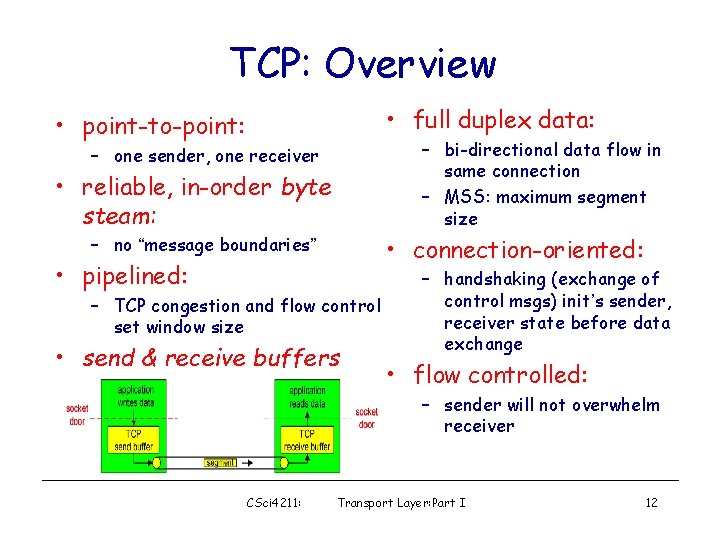 TCP: Overview • full duplex data: • point-to-point: – bi-directional data flow in same