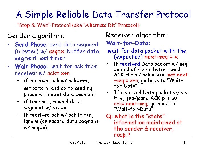 A Simple Reliable Data Transfer Protocol “Stop & Wait” Protocol (aka “Alternate Bit” Protocol)