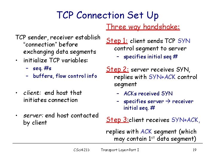 TCP Connection Set Up Three way handshake: TCP sender, receiver establish Step 1: client