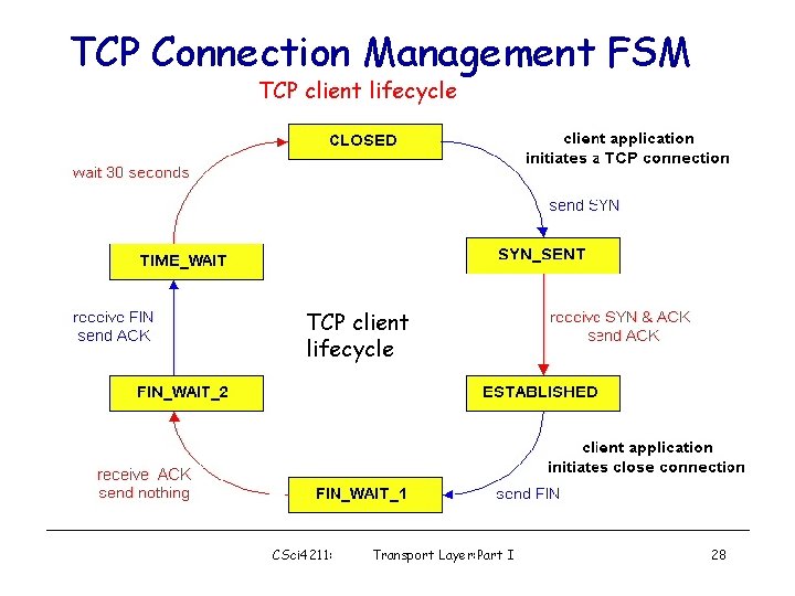 TCP Connection Management FSM TCP client lifecycle CSci 4211: Transport Layer: Part I 28