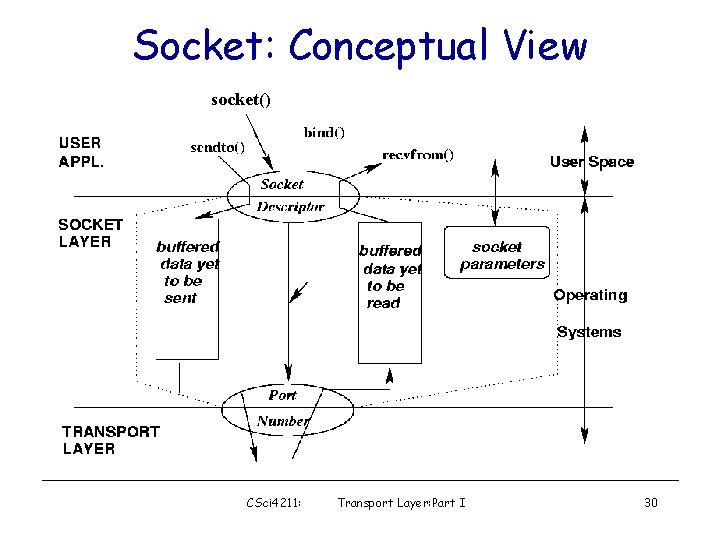 Socket: Conceptual View socket() CSci 4211: Transport Layer: Part I 30 