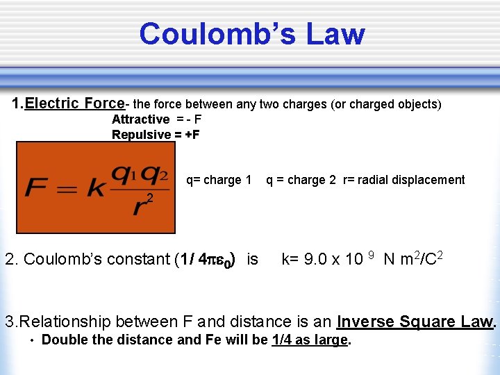 Coulomb’s Law 1. Electric Force- the force between any two charges (or charged objects)
