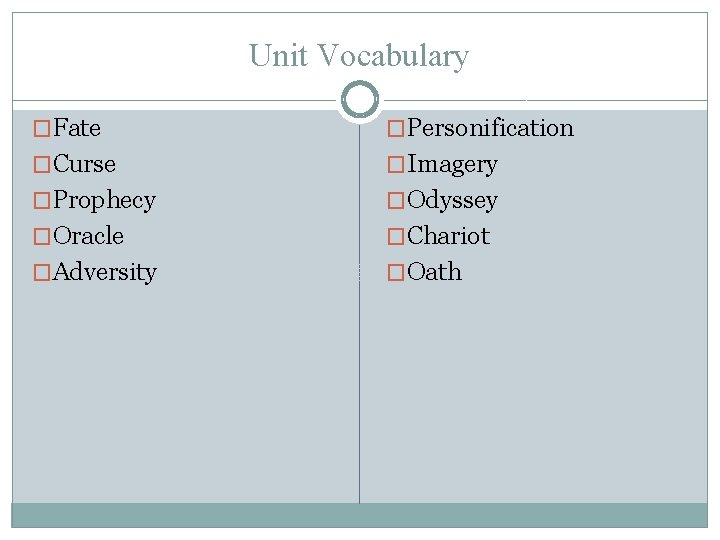 Unit Vocabulary �Fate �Personification �Curse �Imagery �Prophecy �Odyssey �Oracle �Chariot �Adversity �Oath 