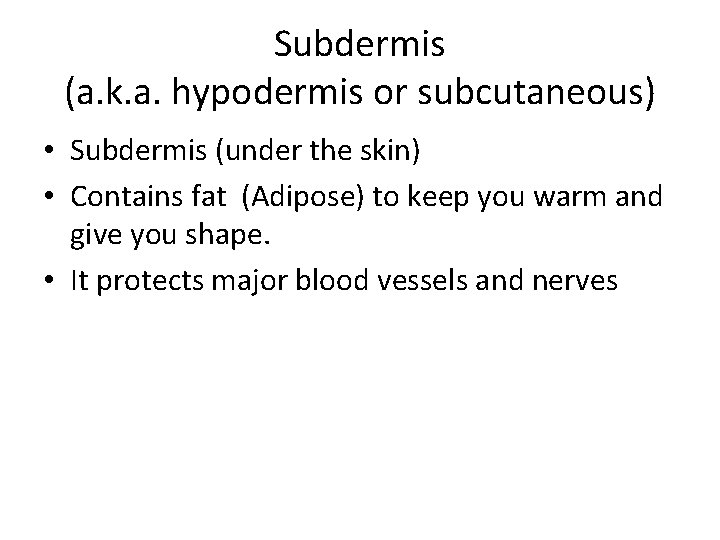 Subdermis (a. k. a. hypodermis or subcutaneous) • Subdermis (under the skin) • Contains