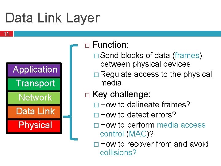 Data Link Layer 11 � Function: � Send blocks of data (frames) between physical