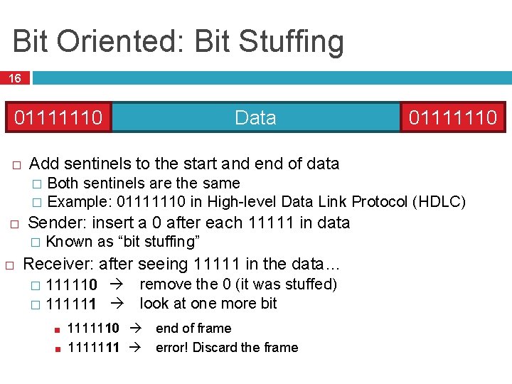 Bit Oriented: Bit Stuffing 16 01111110 � Data 01111110 Add sentinels to the start