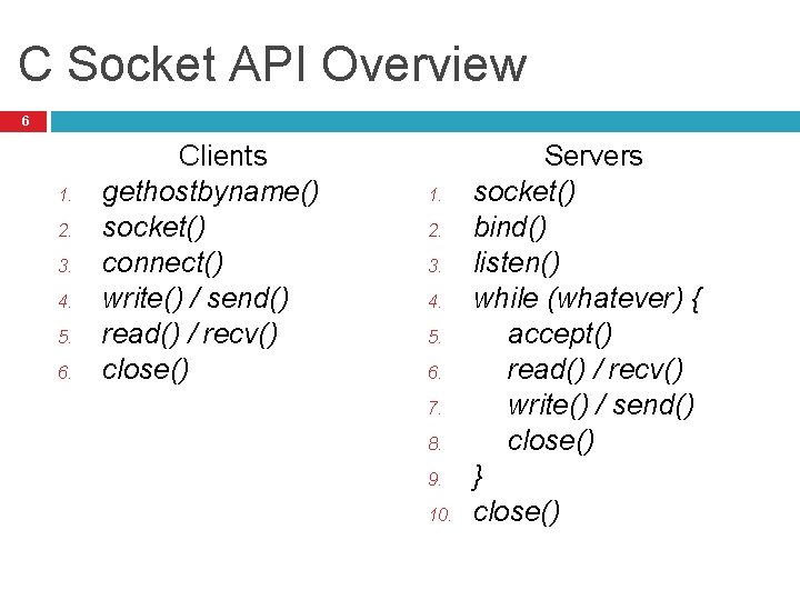 C Socket API Overview 6 1. 2. 3. 4. 5. 6. Clients gethostbyname() socket()