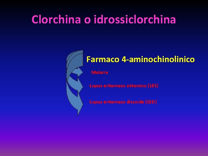 Clorchina o idrossiclorchina Farmaco 4 -aminochinolinico Malaria Lupus eritemaso sistemico (LES) Lupus eritemaso discoide