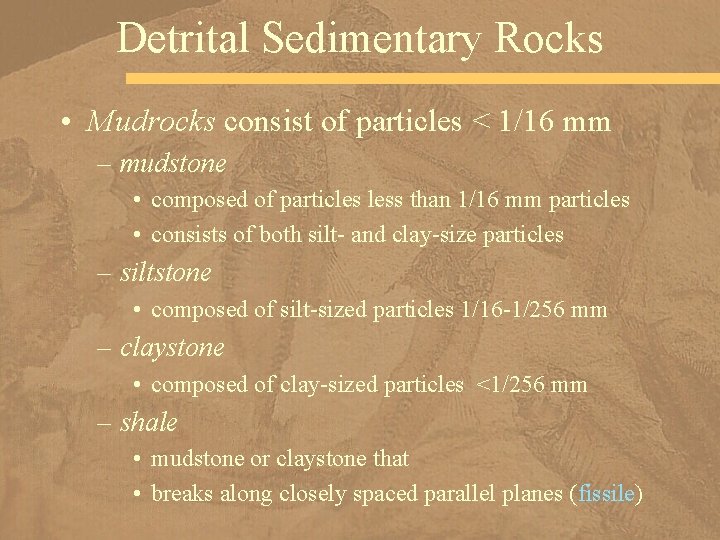 Detrital Sedimentary Rocks • Mudrocks consist of particles < 1/16 mm – mudstone •