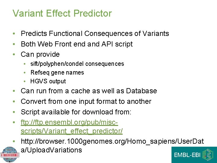 Variant Effect Predictor • Predicts Functional Consequences of Variants • Both Web Front end Variant Effect Predictor • Predicts Functional Consequences of Variants • Both Web Front end