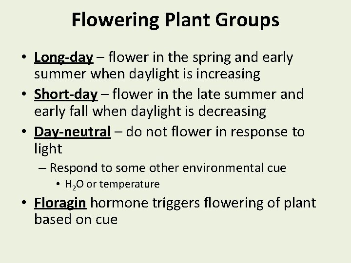 Flowering Plant Groups • Long-day – flower in the spring and early summer when