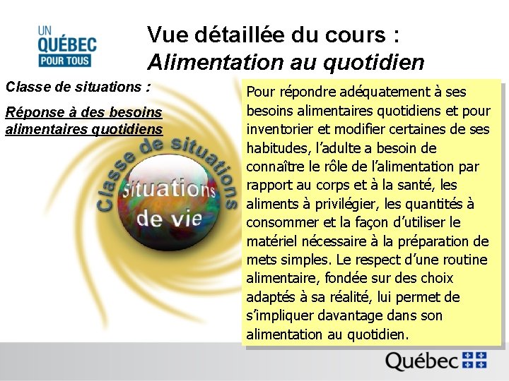 Vue détaillée du cours : Alimentation au quotidien Classe de situations : Réponse à