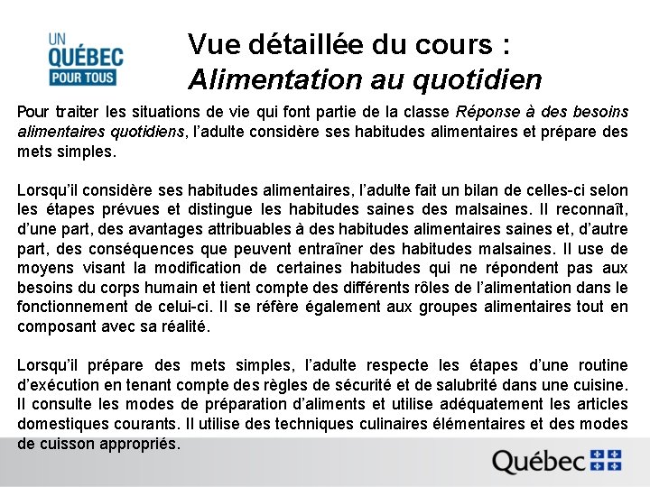 Vue détaillée du cours : Alimentation au quotidien Pour traiter les situations de vie