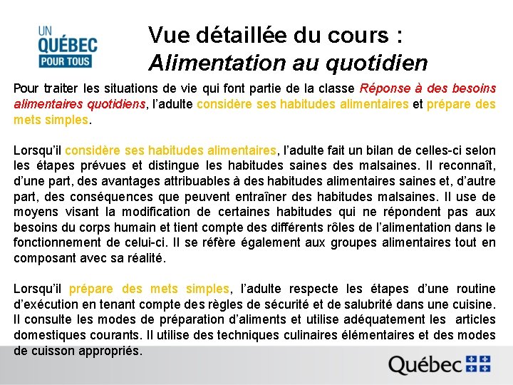 Vue détaillée du cours : Alimentation au quotidien Pour traiter les situations de vie