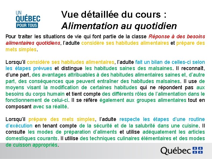 Vue détaillée du cours : Alimentation au quotidien Pour traiter les situations de vie