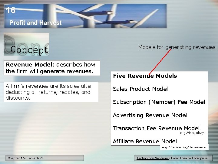 16 Profit and Harvest Models for generating revenues. Revenue Model: describes how the firm