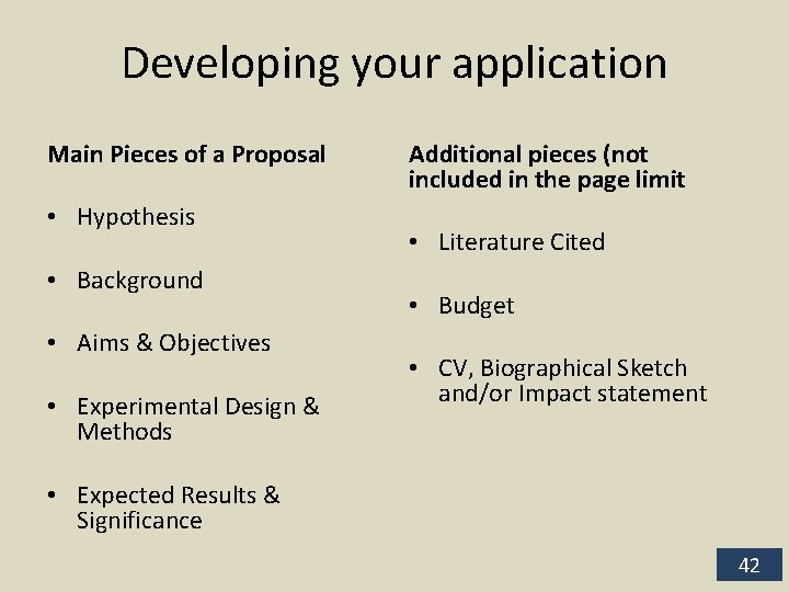 Developing your application Main Pieces of a Proposal • Hypothesis • Background • Aims