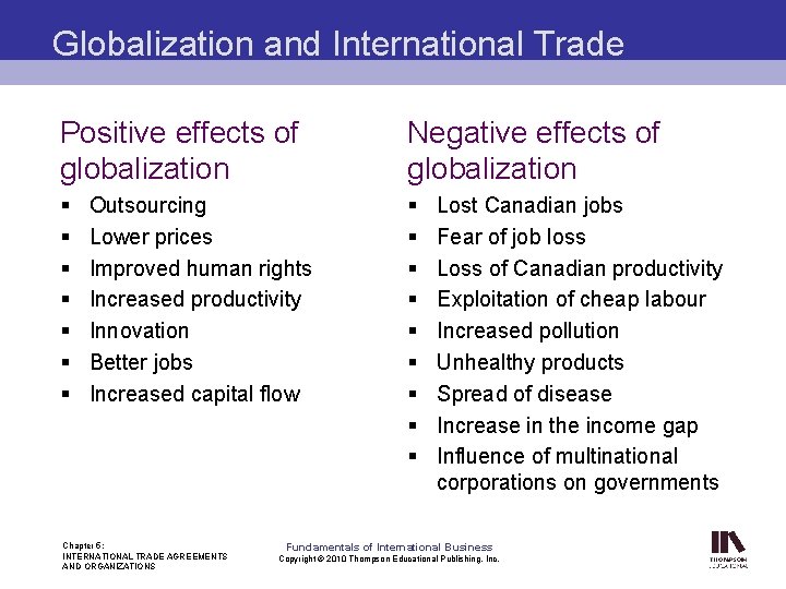 Globalization and International Trade Positive effects of globalization Negative effects of globalization § §