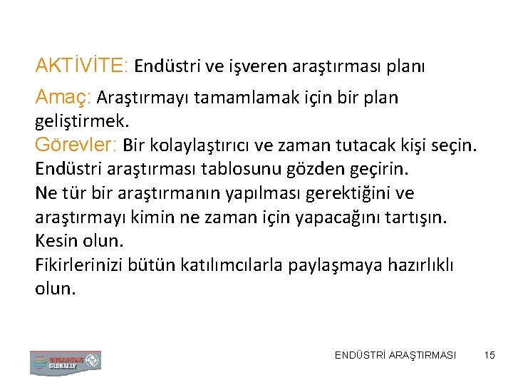 AKTİVİTE: Endüstri ve işveren araştırması planı Amaç: Araştırmayı tamamlamak için bir plan geliştirmek. Görevler: