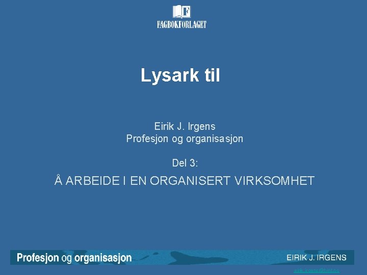 Lysark til Eirik J. Irgens Profesjon og organisasjon Del 3: Å ARBEIDE I EN