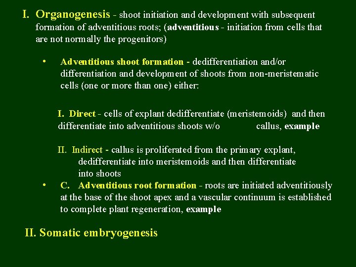 I. Organogenesis - shoot initiation and development with subsequent formation of adventitious roots; (adventitious