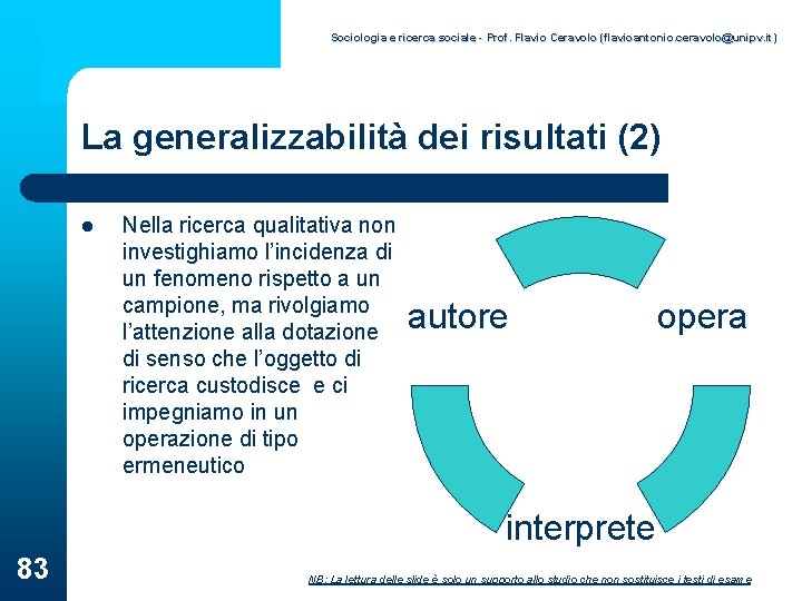 Sociologia e ricerca sociale - Prof. Flavio Ceravolo (flavioantonio. ceravolo@unipv. it) La generalizzabilità dei