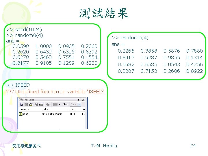 測試結果 >> seed(1024) >> random 0(4) ans = 0. 0598 1. 0000 0. 2620