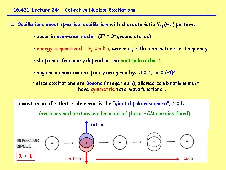16. 451 Lecture 24: Collective Nuclear Excitations 1 1. Oscillations about spherical equilibrium with
