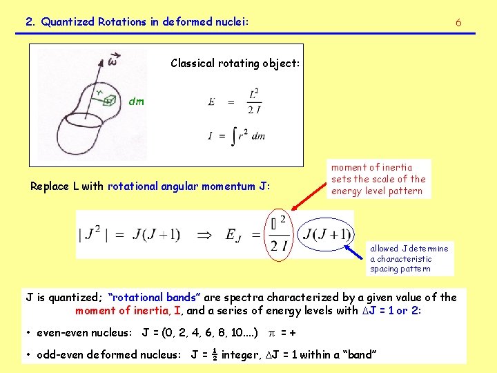2. Quantized Rotations in deformed nuclei: 6 Classical rotating object: dm Replace L with 2. Quantized Rotations in deformed nuclei: 6 Classical rotating object: dm Replace L with