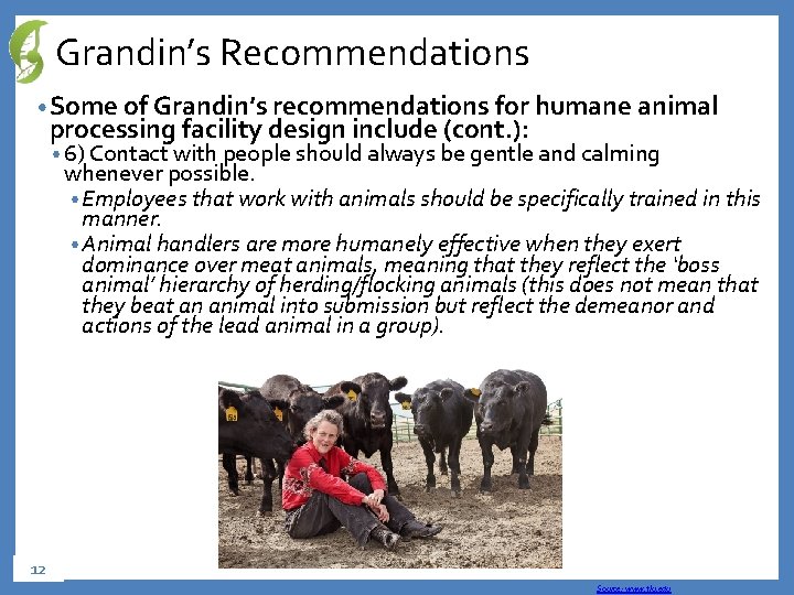 Grandin’s Recommendations • Some of Grandin’s recommendations for humane animal processing facility design include