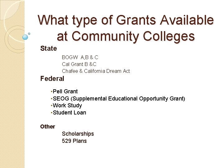 What type of Grants Available at Community Colleges State BOGW A, B & C