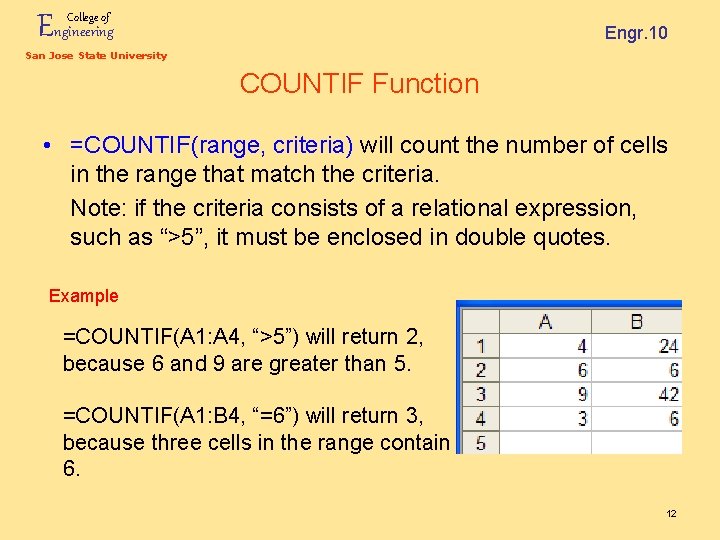 Engineering College of Engr. 10 San Jose State University COUNTIF Function • =COUNTIF(range, criteria)