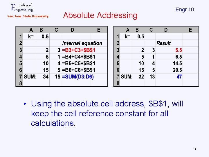 Engineering College of San Jose State University Absolute Addressing Engr. 10 • Using the