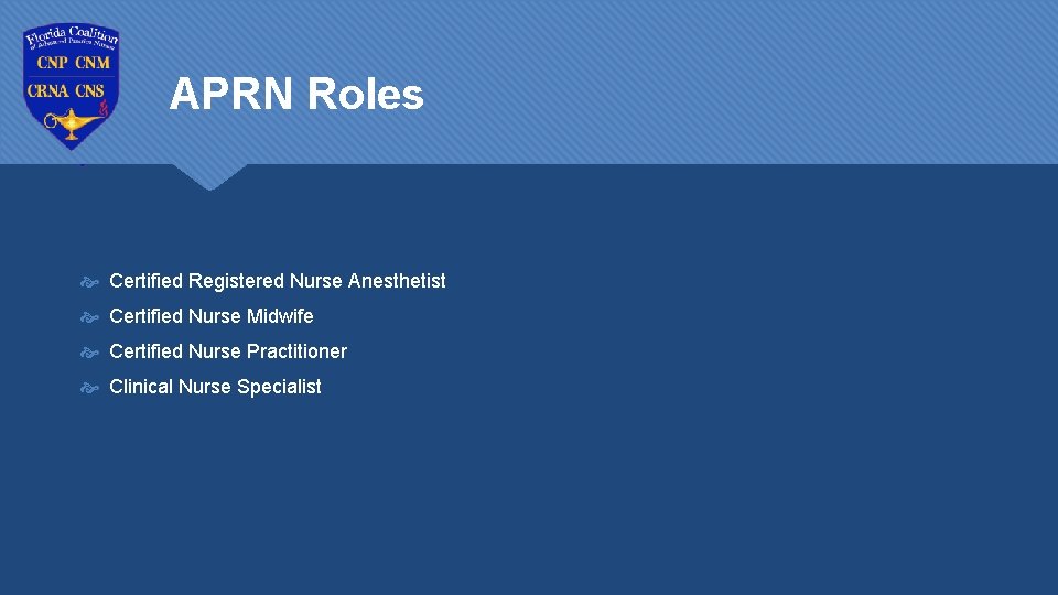 APRN Roles Certified Registered Nurse Anesthetist Certified Nurse Midwife Certified Nurse Practitioner Clinical Nurse
