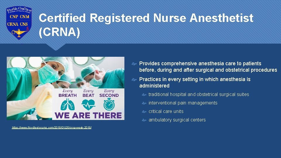Certified Registered Nurse Anesthetist (CRNA) Provides comprehensive anesthesia care to patients before, during and