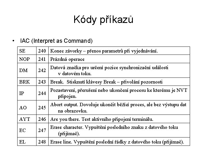 Kódy příkazů • IAC (Interpret as Command) SE 240 Konec závorky – přenos parametrů