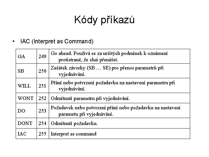 Kódy příkazů • IAC (Interpret as Command) GA 249 Go ahead. Používá se za