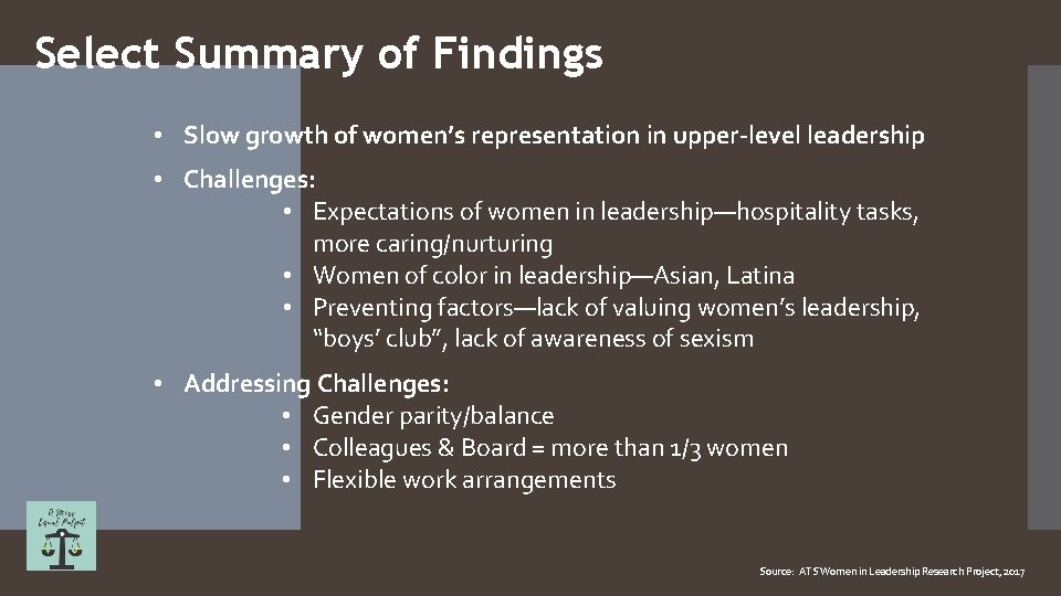 Select Summary of Findings • Slow growth of women’s representation in upper-level leadership •