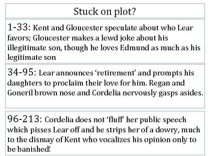 Stuck on plot? 1 -33: Kent and Gloucester speculate about who Lear favors; Gloucester