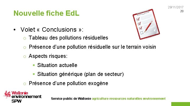 Nouvelle fiche Ed. L • Volet « Conclusions » : o Tableau des pollutions
