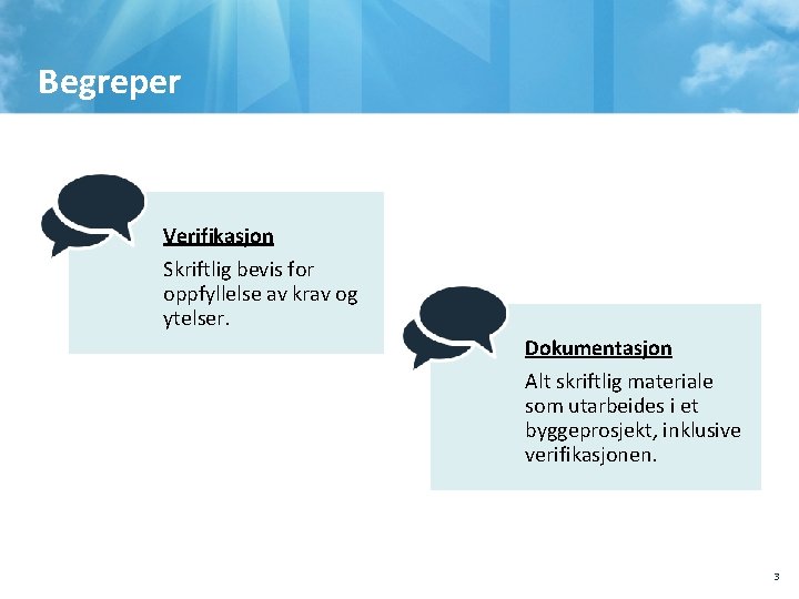 Begreper Verifikasjon Skriftlig bevis for oppfyllelse av krav og ytelser. Dokumentasjon Alt skriftlig materiale